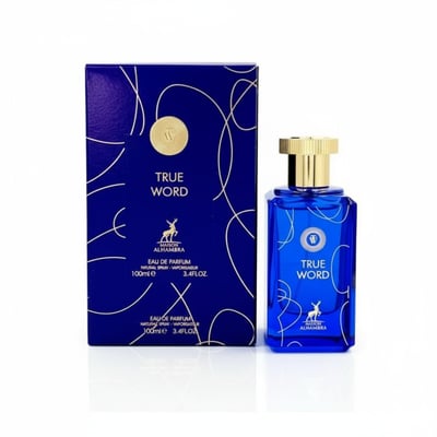 Maison Alhambra True Word — Blue glass perfume bottle with gold cap next to its matching navy blue box, both featuring gold line art and deer emblem.