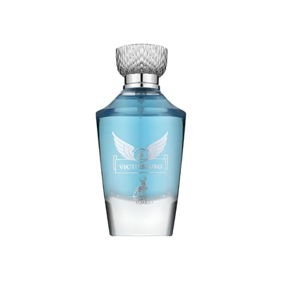 Maison Alhambra Victorioso by Maison Alhambra 100ml EDP Men — Blue glass perfume bottle with silver winged emblem and deer graphic, silver textured cap, white background.