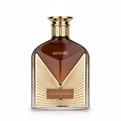 Maison Alhambra Victorioso Heroic by Maison Alhambra — Brown glass perfume bottle with gold accents and a gold cap, featuring "HEROIC" and "VICTORIOSO" text.
