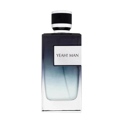 Maison Alhambra Yeah by Maison Alhambra 100ml EDP Men — Rectangular glass perfume bottle with dark blue to light blue gradient, white label with black text 'YEAH! MAN', and a black and white striped cap.