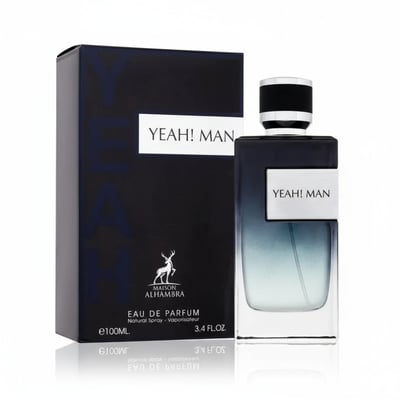 Maison Alhambra Yeah by Maison Alhambra 100ml EDP Men — Black box with white label and blue gradient glass bottle with white label, both showing 'YEAH! MAN'