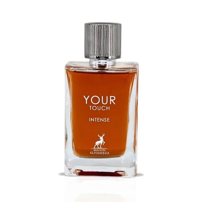 Maison Alhambra Your Touch Intense — Clear glass perfume bottle with amber liquid, silver ribbed cap, and white deer logo with text.