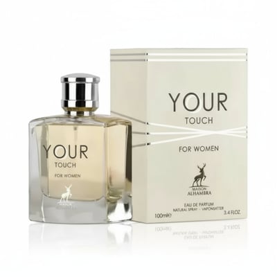 Maison Alhambra Your Touch Women — Clear glass perfume bottle with silver cap and light yellow liquid, next to its cream and silver striped box with a deer logo.