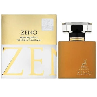 Maison Alhambra Zeno — Eau de Parfum natural spray in a golden brown bottle with a clear faceted cap, next to its gold and white box with large 'ZE' lettering.