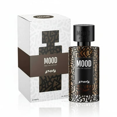 Mood Perfume Aroma Mood 100ml EDP Unisex — A white box with abstract brown pattern next to a brown glass perfume bottle with a black cap, both featuring the "MOOD AROMA" label.