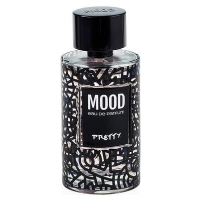 Mood Perfume Mood Pretty For Her 100 ml EDP — Clear glass perfume bottle with black and white abstract pattern, black cap, black label with white text 'MOOD eau de parfum PRETTY'.
