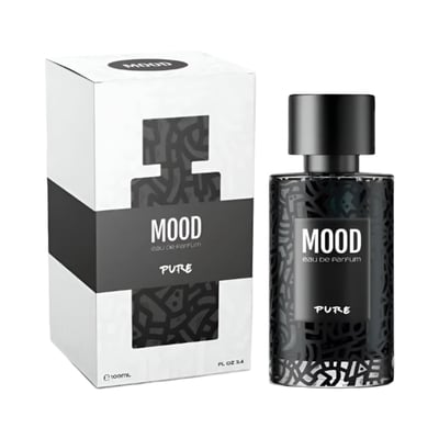 Mood Perfume Mood Pure For Him – 100 ml for Men, featuring the perfume bottle and its matching box against a white background.
