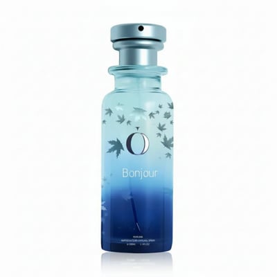 Osma Osma Bonjour Oriental Blossoms 150ml EDP — A clear glass perfume bottle with a gradient blue to light blue color, decorated with light blue maple leaves and a large 'O' logo, with the text 'Bonjour' below.