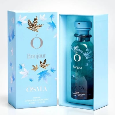 Osma Osma Bonjour Oriental Blossoms 150ml EDP — Light blue box with maple leaf design and gold accents, open to reveal a teal perfume bottle with similar leaf design and blue cap.