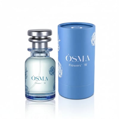 Osma Flowers W Osma Sandalwood 75ml — A clear glass perfume bottle with a silver cap and blue floral accents, standing next to its blue cylindrical packaging with matching floral designs.