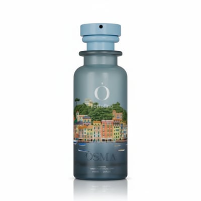 Osma Osma Portofino Summer Purity 150ml EDP — A blue glass perfume bottle with a light blue cap, featuring a scenic illustration of Portofino's colorful buildings and boats.