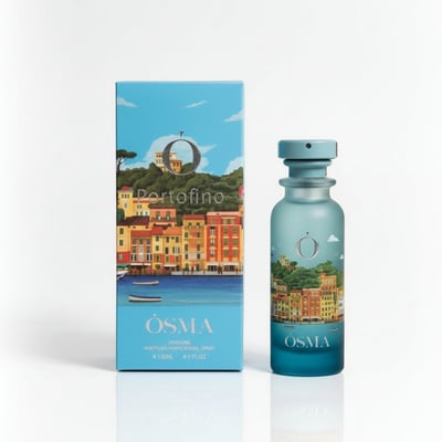 Osma Osma Portofino Summer Purity 150ml EDP — A blue box with a Portofino illustration and a matching blue frosted glass perfume bottle with a gold cap, set against a white background.