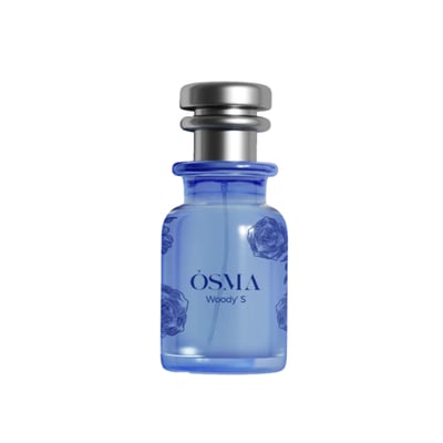 Osma Woody S Mango Leather 75ml EDP — Blue glass perfume bottle with silver cap and blue rose floral print