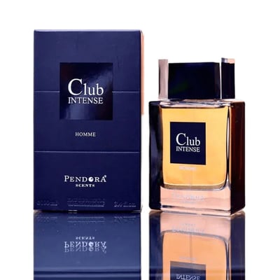 Pendora Club Intense 100ml EDP Men Paris Corner Pendora — Blue box and golden glass perfume bottle with "Club Intense" label, displayed on a reflective surface.