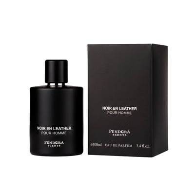 Pendora Noir En Leather by Pendora Scents 100 ml — Black perfume bottle and matching black box with gold text, displayed side-by-side on a white background.