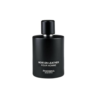 Pendora Noir En Leather by Pendora Scents 100 ml — Black cylindrical perfume bottle with a black cap and silver accent, featuring white text.