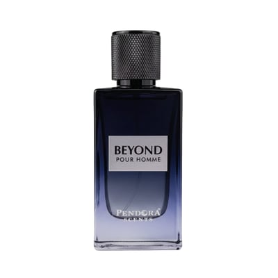 Paris Corner Beyond Pour Homme by Paris Corner 100ml EDP for Men — A rectangular glass perfume bottle with a dark blue to clear gradient, a silver label with black text reading 'BEYOND POUR HOMME', and a textured black cap.