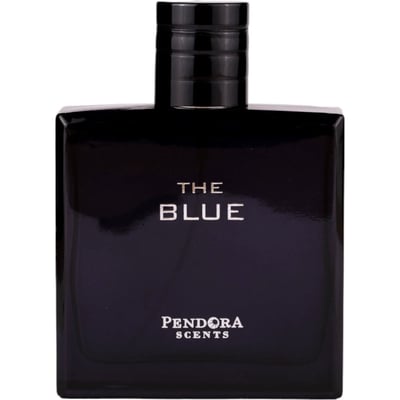 Paris Corner The Blue by Paris Corner 100ml EDP Men — A dark blue rectangular perfume bottle with a ribbed black cap. Text on the bottle reads 'THE BLUE' and 'PENDORA SCENTS'.