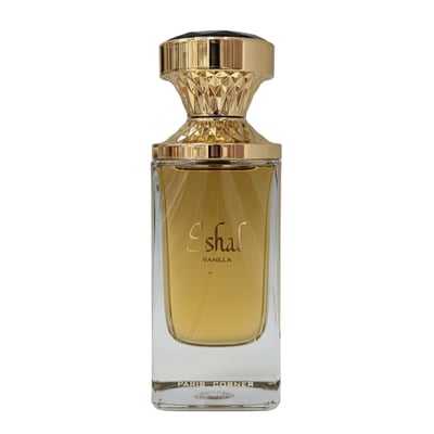 Paris Corner Eshal Vanilla by Paris Corner EDP 100ml — Clear glass bottle with golden liquid, gold faceted cap, and 'Eshal Vanilla' text.