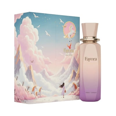 Paris Corner Fayora Paris Corner EDP 100ml Women — A perfume bottle with a gradient pink and purple hue, next to its illustrated box featuring unicorns, mountains, and clouds.