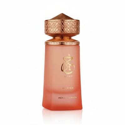 Paris Corner Khair Fusion by Paris Corner 100ml — Frosted orange perfume bottle with ornate gold cap, featuring Arabic calligraphy and text.