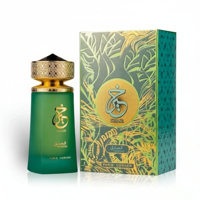 Paris Corner Khair Pistachio 100ml EDP — Green frosted glass perfume bottle with gold ornate cap next to its matching green and gold patterned box, both featuring Arabic calligraphy and 'KHAIR PISTACHIO' text.