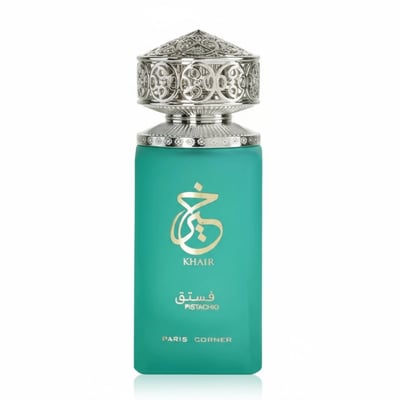 Paris Corner Khair Pistachio by Paris Corner 100ml EDP — A teal perfume bottle with an ornate silver cap, featuring gold Arabic calligraphy and text.