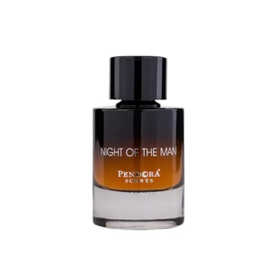 Paris Corner Night of the Man by Pendora Scents Paris 100ml — A gradient dark to amber glass perfume bottle with a black fluted cap, featuring white text 'NIGHT OF THE MAN' and 'PENDORA SCENTS'.
