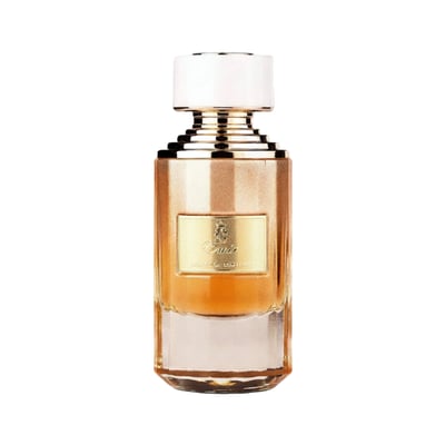 Paris Corner Super Crush Emir by Paris Corner — A tall, clear glass perfume bottle with a metallic gold-toned body and a white cap. The bottle contains amber-colored perfume.