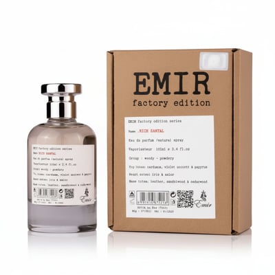 Paris Corner Rich Santal Emir by Paris Corner 100 ml — Clear glass perfume bottle with silver cap next to its brown cardboard factory edition box, showing product details.