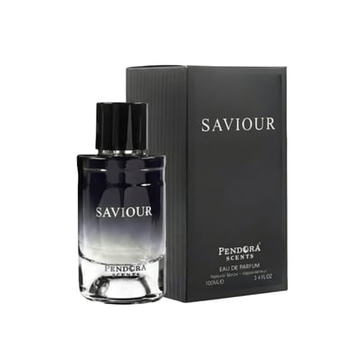 Paris Corner Saviour by Paris Corner Pendora 100ml Men — A dark glass perfume bottle with a black cap, labeled 'SAVIOUR' and 'PENDORA SCENTS', stands next to its matching black ribbed box.
