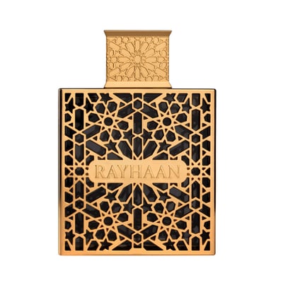 Rayhaan Rayhaan Elixir 100ml Eau de Parfum for Men — Gold ornate geometric patterned bottle with 'RAYHAAN' text in the center, on a white background.
