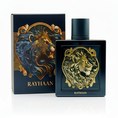 Rayhaan Rayhaan Lion Powerful for Man 100ml — A dark blue perfume box and bottle featuring a detailed gold lion emblem, set against a white background with reflections.