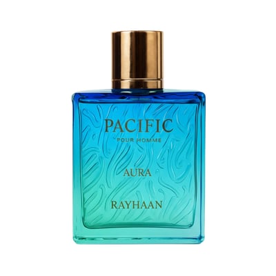 Rayhaan Pacific Elegant EDP 100 ml Men — Square blue and green gradient glass perfume bottle with embossed wave pattern and gold cap.