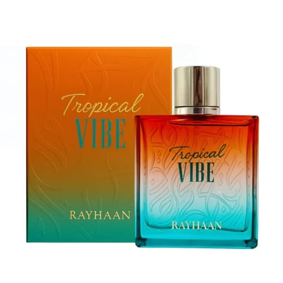 Rayhaan Tropical Vibe 100ml Eau de Parfum — A square glass perfume bottle with a gradient of red to blue, featuring gold text and Arabic-inspired patterns, stands next to its matching orange and green gradient box with gold text.