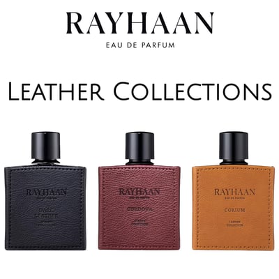 Rayhaan Leather Collection — Three bottles of Rayhaan Eau de Parfum from the Leather Collection: Corium (tan), Dark Leather (black), and Cordova (maroon), displayed side-by-side on a white background.