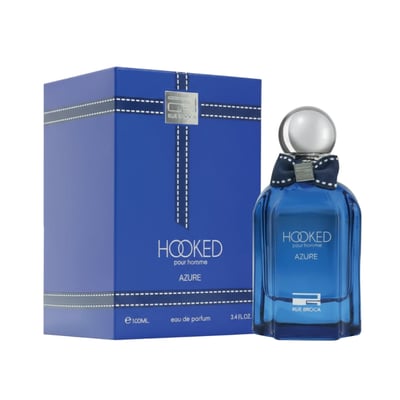 Rue Broca Hooked Azure EDP Men — Blue perfume bottle with a navy bow and silver cap, next to its matching blue box with white stitching detail.
