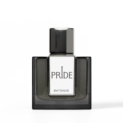 Rue Broca Pride Intense EDP Men — A square, dark glass perfume bottle with a metallic silver cap and a white label featuring black text 'PRIDE' and 'INTENSE'.