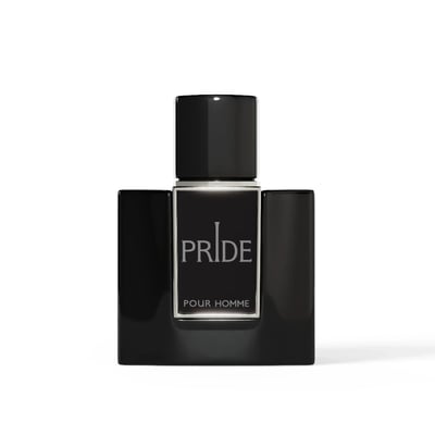 Rue Broca Pride Pour Homme EDP — Black square perfume bottle with a silver label displaying 'PRIDE' and 'POUR HOMME' in a minimalist design, against a white background.