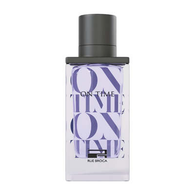Rue Broca On Time Pour Homme EDP Men — Clear glass perfume bottle with purple liquid, featuring repeated "ON TIME" text pattern and a dark grey cap.