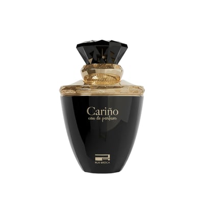 Rue Broca Carino Black Pour Femme EDP — Black glass perfume bottle with gold accents and a faceted black gem-like cap, featuring gold text 'Cariño eau de parfum' and the Rue Broca logo.