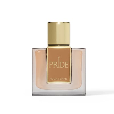 Rue Broca Pride Pour Femme — A square glass perfume bottle with a gold cap and a tan label featuring the text 'PRIDE POUR FEMME' in gold.