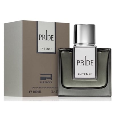 Rue Broca Pride Intense — A square glass perfume bottle with a silver cap and a white label featuring the 'Pride Intense' text, placed next to its matching brown and grey box.