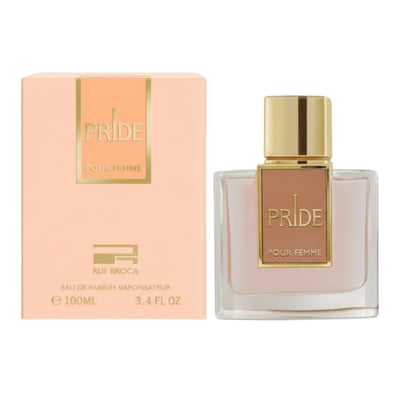 Rue Broca Pride Pour Femme — A peach-toned box and a clear glass perfume bottle with a gold cap and a peach label, both featuring the 'Pride Pour Femme' text.