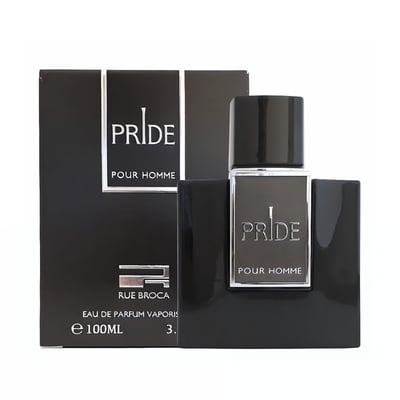Rue Broca Pride Pour Homme — Black perfume box and bottle with silver accents, showing the brand logo and 'Pour Homme' text.