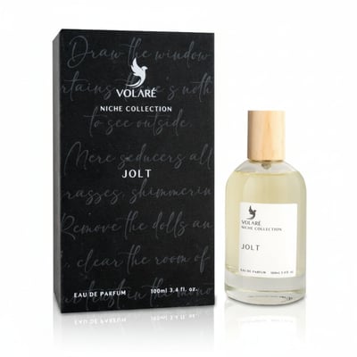 Volare Jolt by Volare 100ml EDP — Black box with white cursive text and a clear glass perfume bottle with a wooden cap, set against a white background.