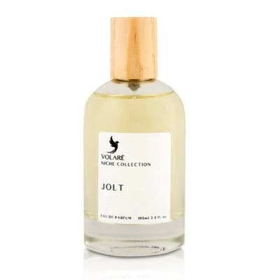 Volare Jolt by Volare 100ml EDP — A clear glass perfume bottle with a light yellow liquid and a natural wood cap, featuring a white label with a black bird logo and text.