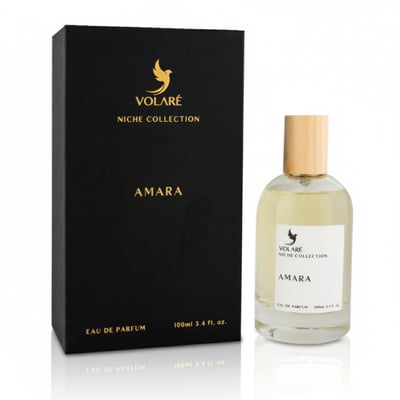 Volare Amara by Volare 100ml EDP — Black box with gold text and bird logo next to a clear glass perfume bottle with a wooden cap and white label.