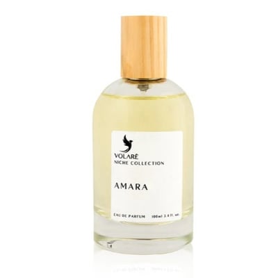 Volare Amara by Volare 100ml EDP — Clear glass perfume bottle with a light yellow liquid and a wooden cap, featuring a white label with a bird logo and the text 'VOLARÉ NICHE COLLECTION AMARA EAU DE PARFUM 100ml 3.4 fl. oz.'