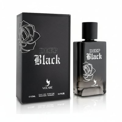 Volare Deep Black Sport X Volare 100ml — Black perfume box and bottle with rose design, white lettering, and white bird logo.